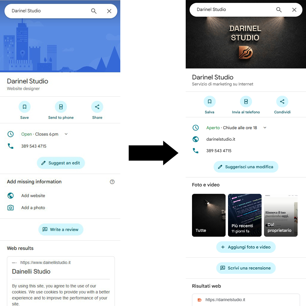 Confronto scheda Google Business Profile incompleta e ottimizzata